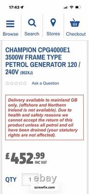 CHAMPION CPG4000E1 3500W FRAME TYPE PETROL GENERATOR 120 / 240V (max 3000W)