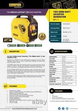 Champion 2200 Watt Mighty Atom Inverter Petrol Generator 110V