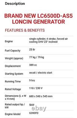 New Loncin LC6500D-AS5 Generator With Electric Start Coventry 02476559770