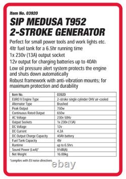 SIP Medusa T952 2 Stroke Portable Petrol Generator 750W 230V-Heavy Duty 4lt Tank