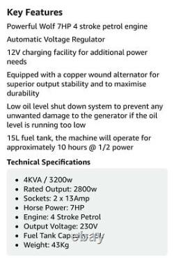 Générateur D'essence Powerking Pkb5000lr 3200w 4.0va 7 HP Utilisé Une Fois
