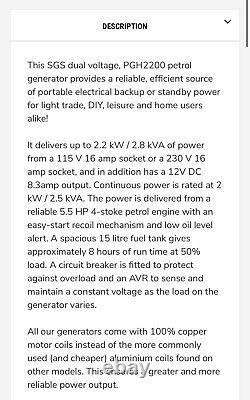 SGS 2000W 2.8 kVA Générateur Portable à Essence Robuste 4 Temps 5,5 CV